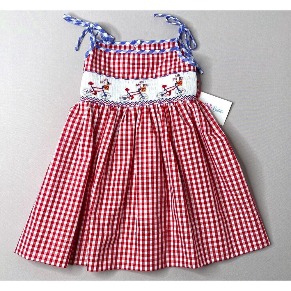 NWT Lulu Bebe Smocked Red Gingham Patriotic Bicycles Jackie Dress Girls 24 Mo